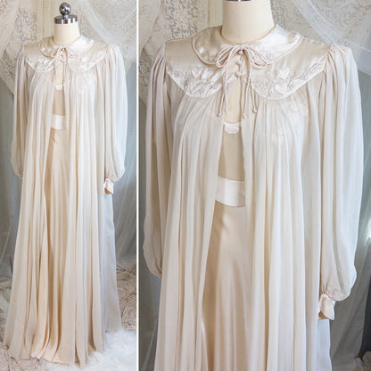 1930s Nightgown & Peignoir Set - Hand Stitched Golden Taupe Silk with Heart Appliqués | XS - Daggers & Dames