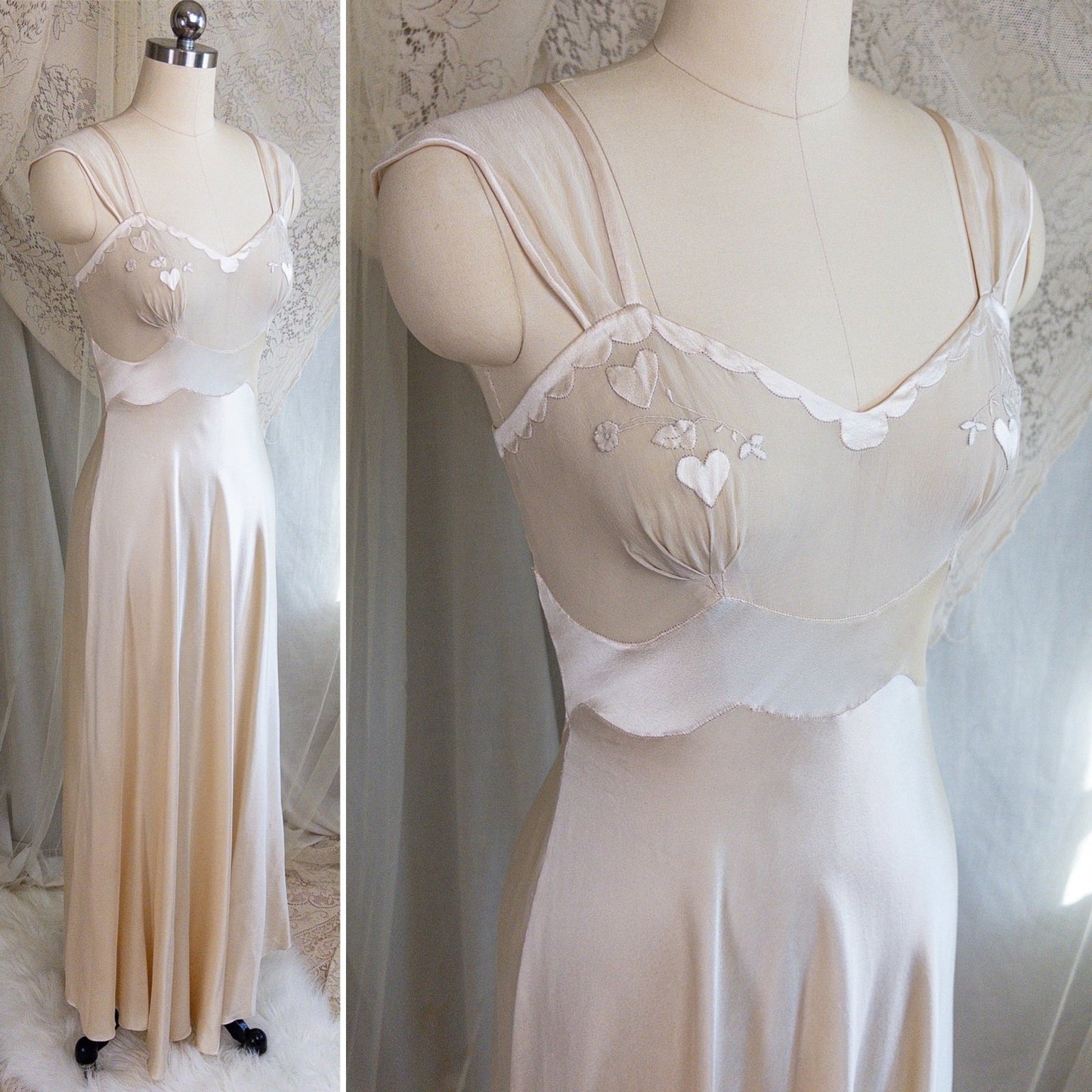 1930s Nightgown & Peignoir Set - Hand Stitched Golden Taupe Silk with Heart Appliqués | XS - Daggers & Dames