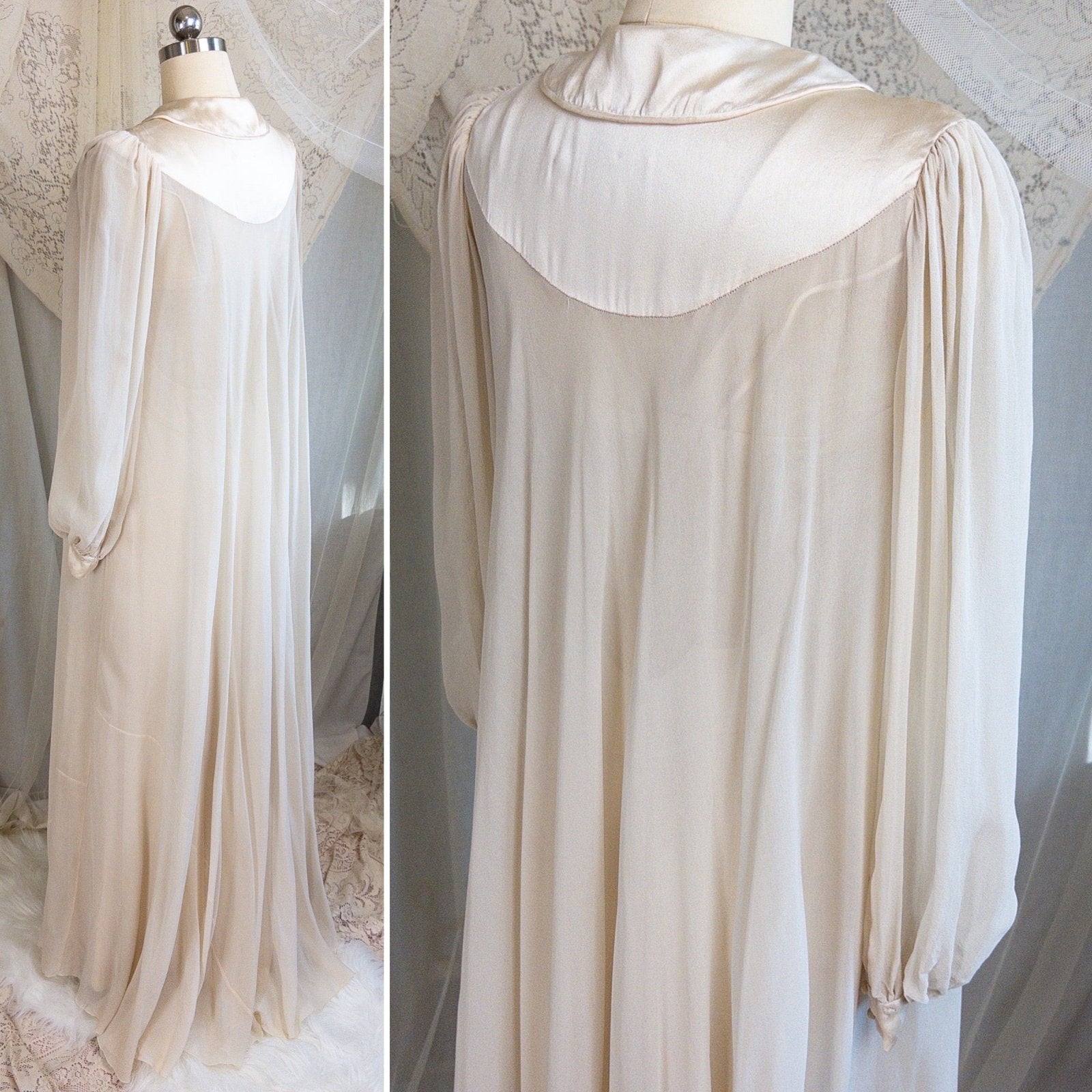 1930s Nightgown & Peignoir Set - Hand Stitched Golden Taupe Silk with Heart Appliqués | XS - Daggers & Dames