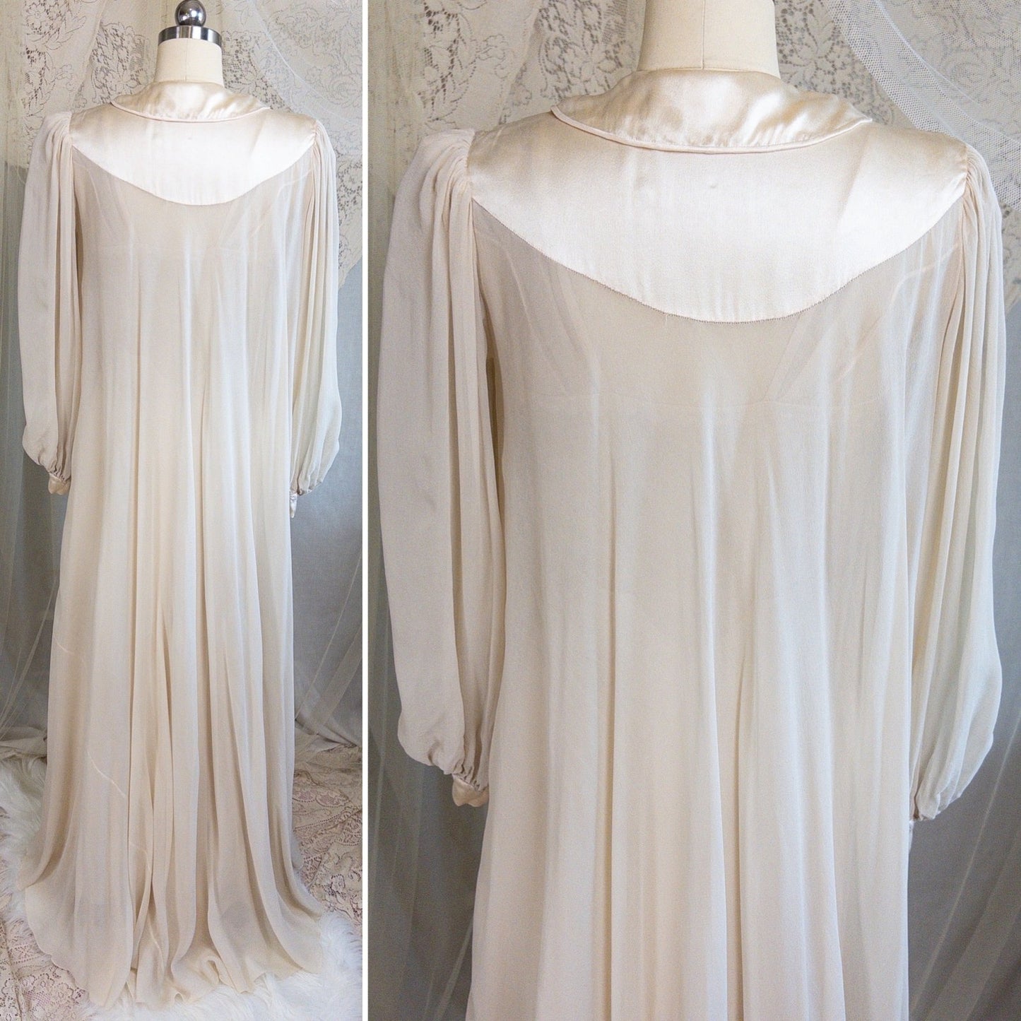 1930s Nightgown & Peignoir Set - Hand Stitched Golden Taupe Silk with Heart Appliqués | XS - Daggers & Dames