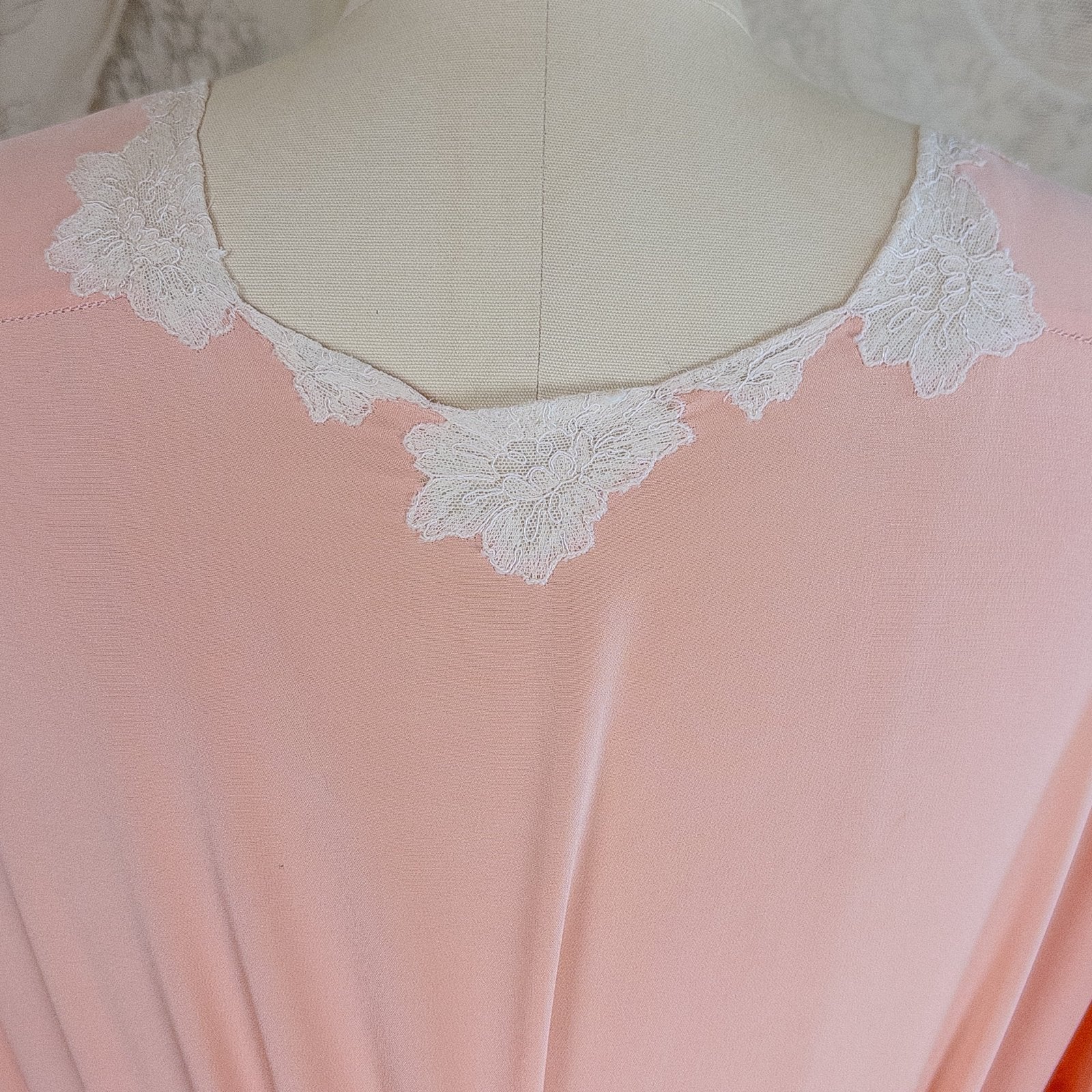 1930's Nightgown - Rich Blush Pink Pebbled Silk Crepe with White Cotton Lace and Hand Finished Seams, Made in France | Free Size - Daggers & Dames