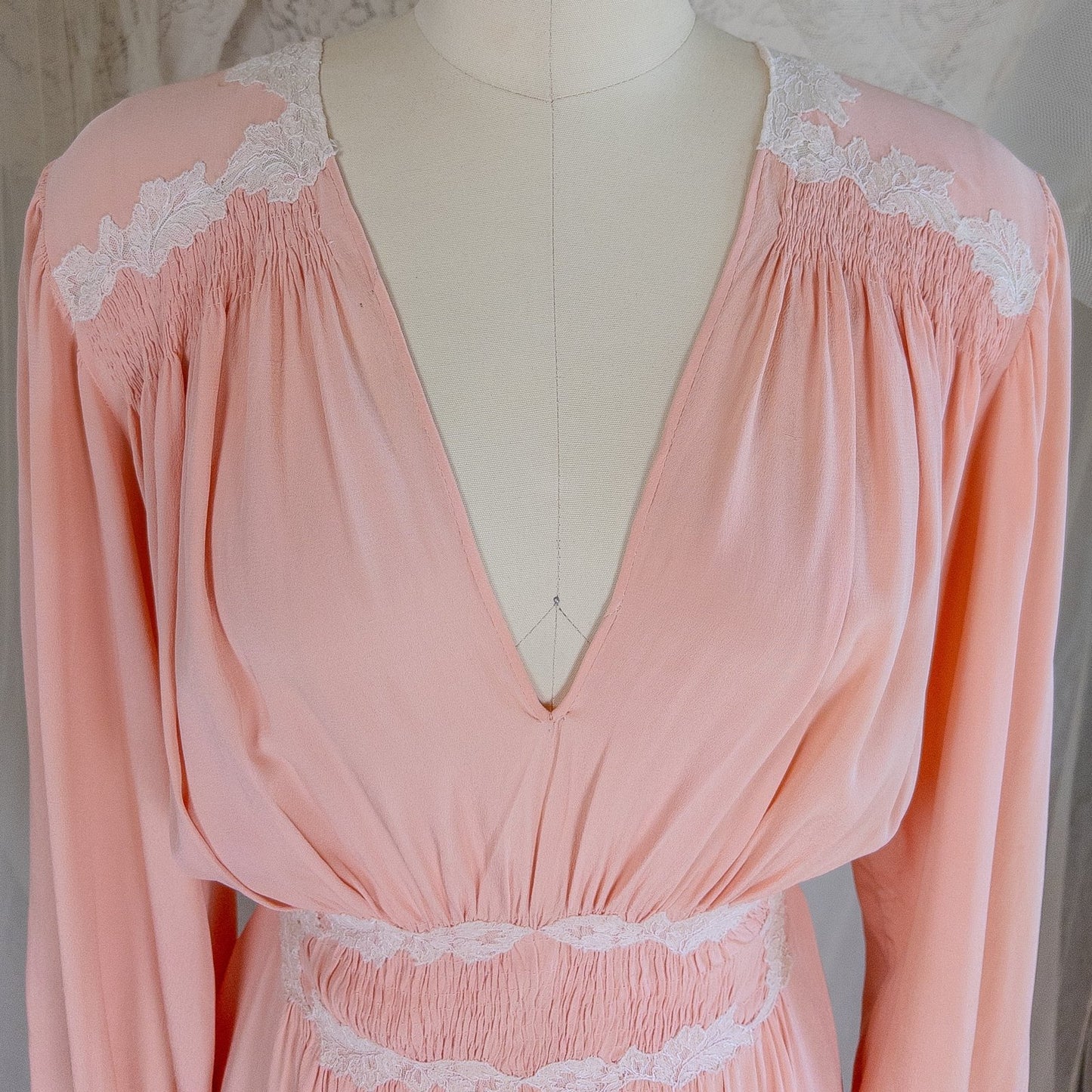 1930's Nightgown - Rich Blush Pink Pebbled Silk Crepe with White Cotton Lace and Hand Finished Seams, Made in France | Free Size - Daggers & Dames