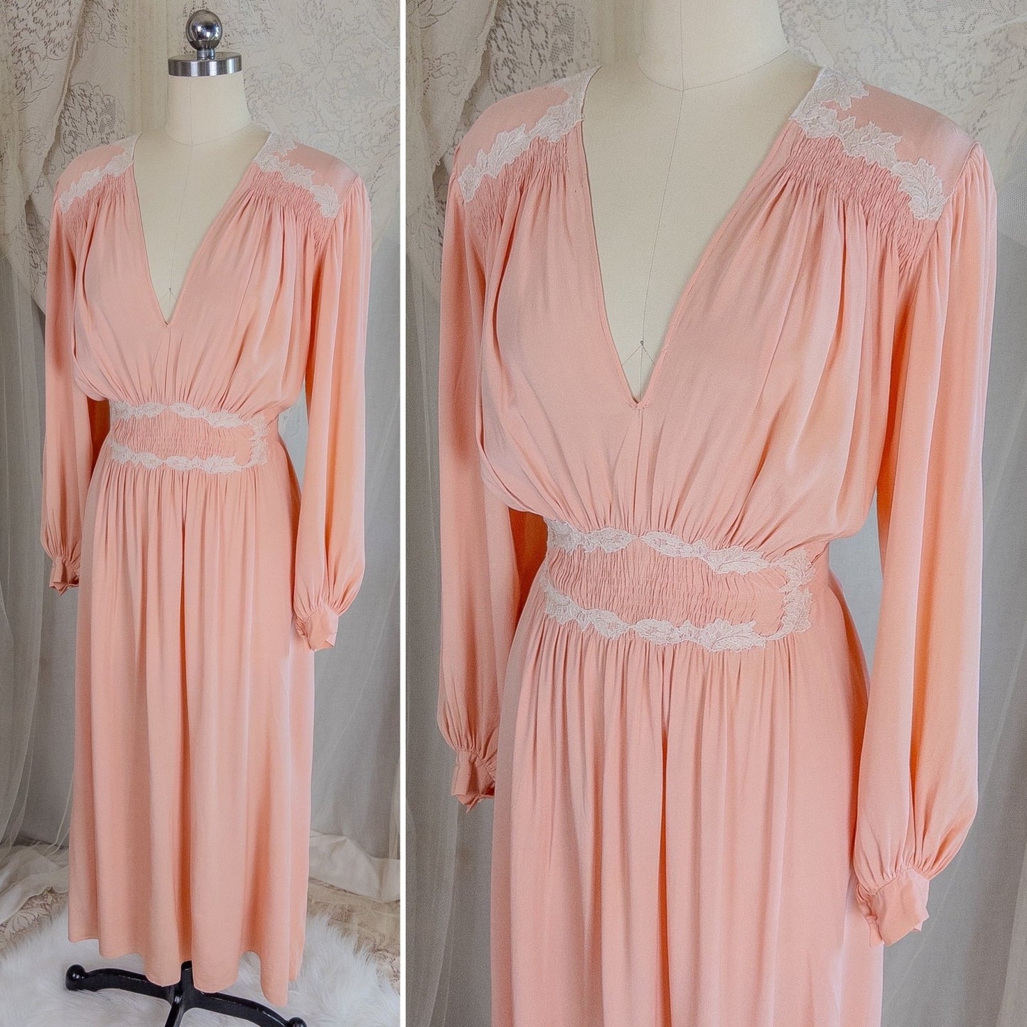 1930's Nightgown - Rich Blush Pink Pebbled Silk Crepe with White Cotton Lace and Hand Finished Seams, Made in France | Free Size - Daggers & Dames