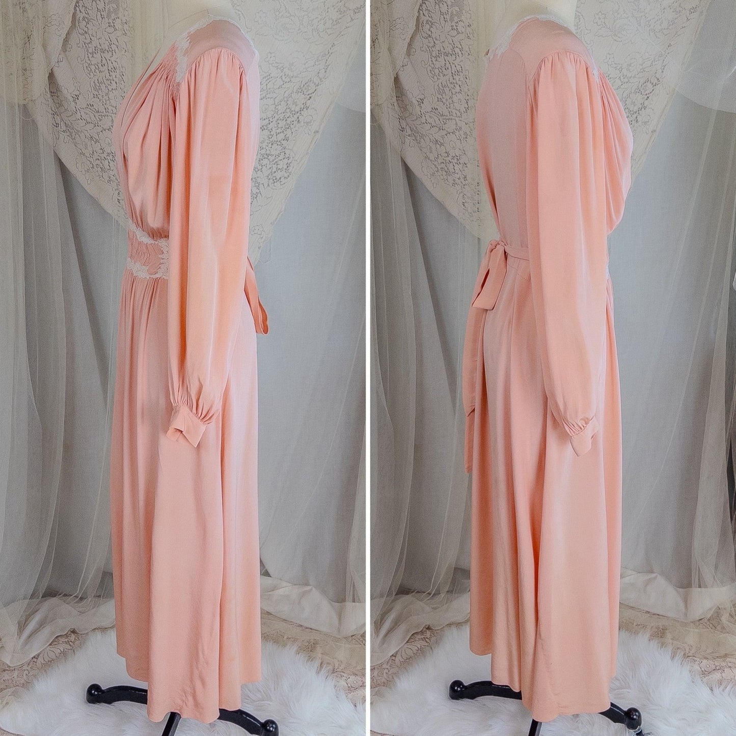 1930's Nightgown - Rich Blush Pink Pebbled Silk Crepe with White Cotton Lace and Hand Finished Seams, Made in France | Free Size - Daggers & Dames