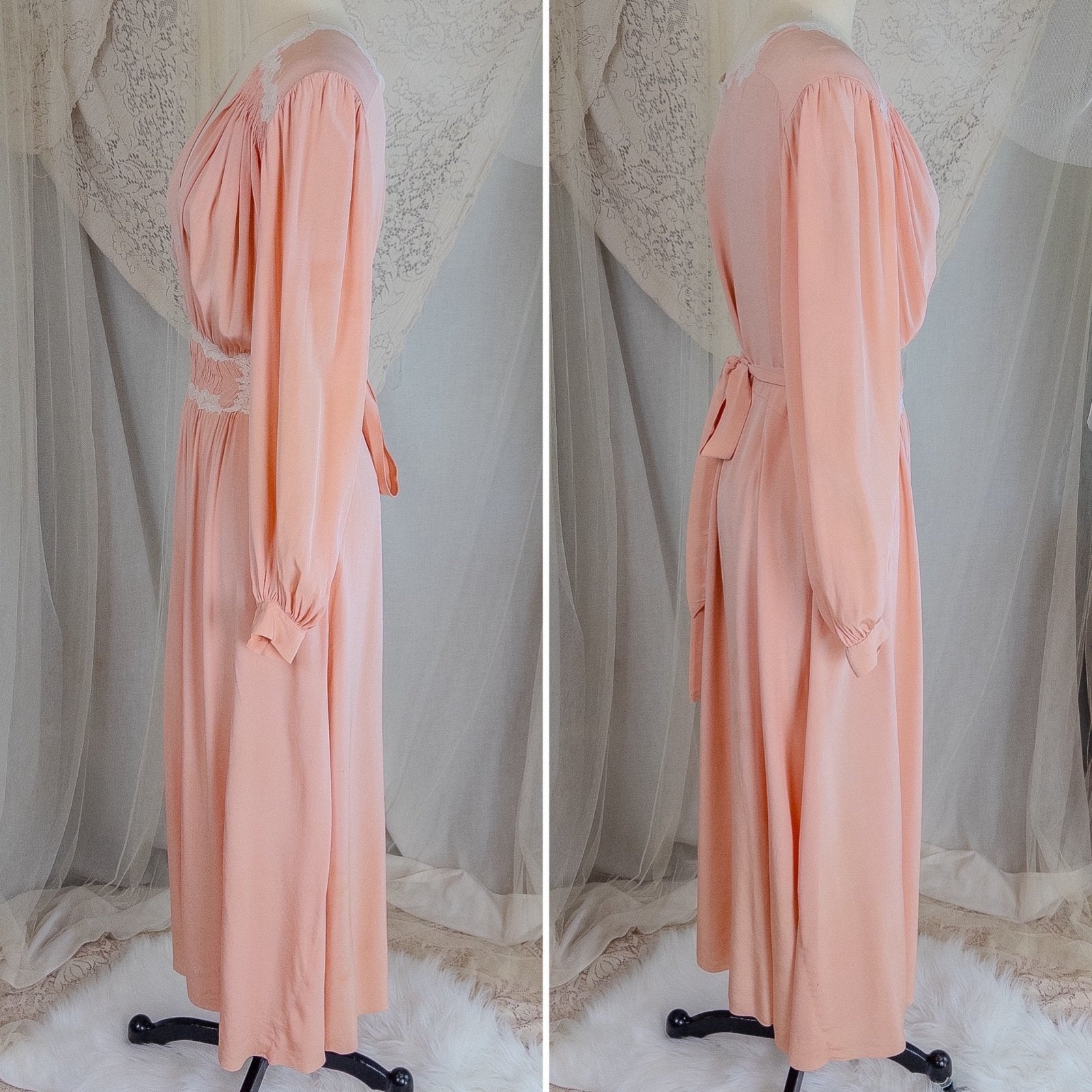 1930's Nightgown - Rich Blush Pink Pebbled Silk Crepe with White Cotton Lace and Hand Finished Seams, Made in France | Free Size - Daggers & Dames