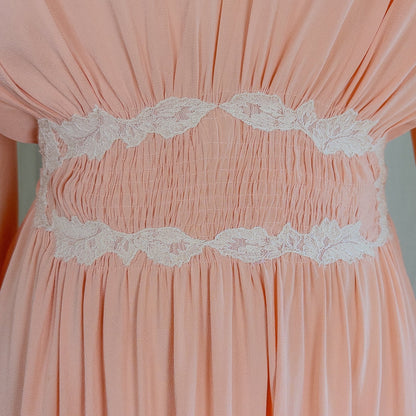 1930's Nightgown - Rich Blush Pink Pebbled Silk Crepe with White Cotton Lace and Hand Finished Seams, Made in France | Free Size - Daggers & Dames