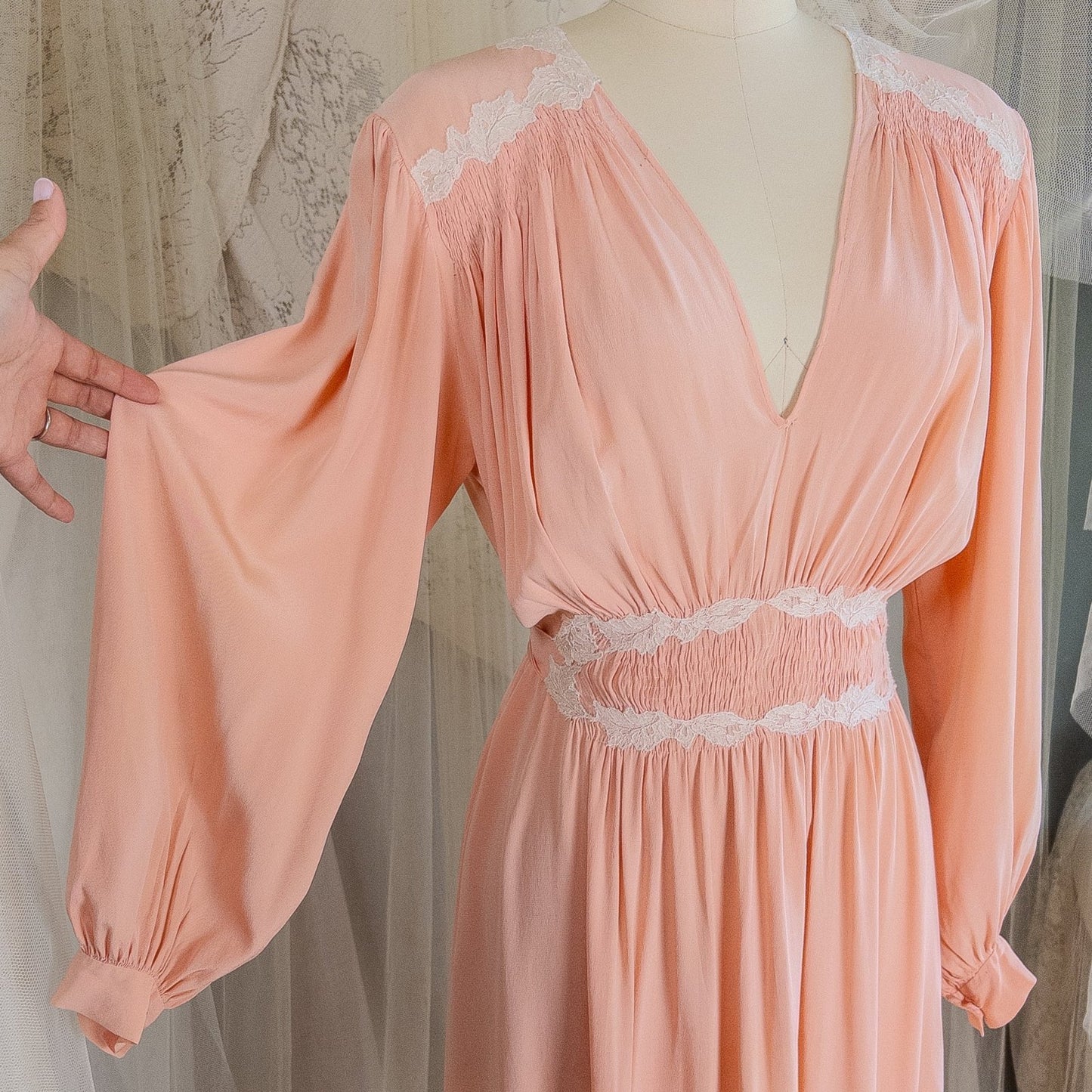 1930's Nightgown - Rich Blush Pink Pebbled Silk Crepe with White Cotton Lace and Hand Finished Seams, Made in France | Free Size - Daggers & Dames