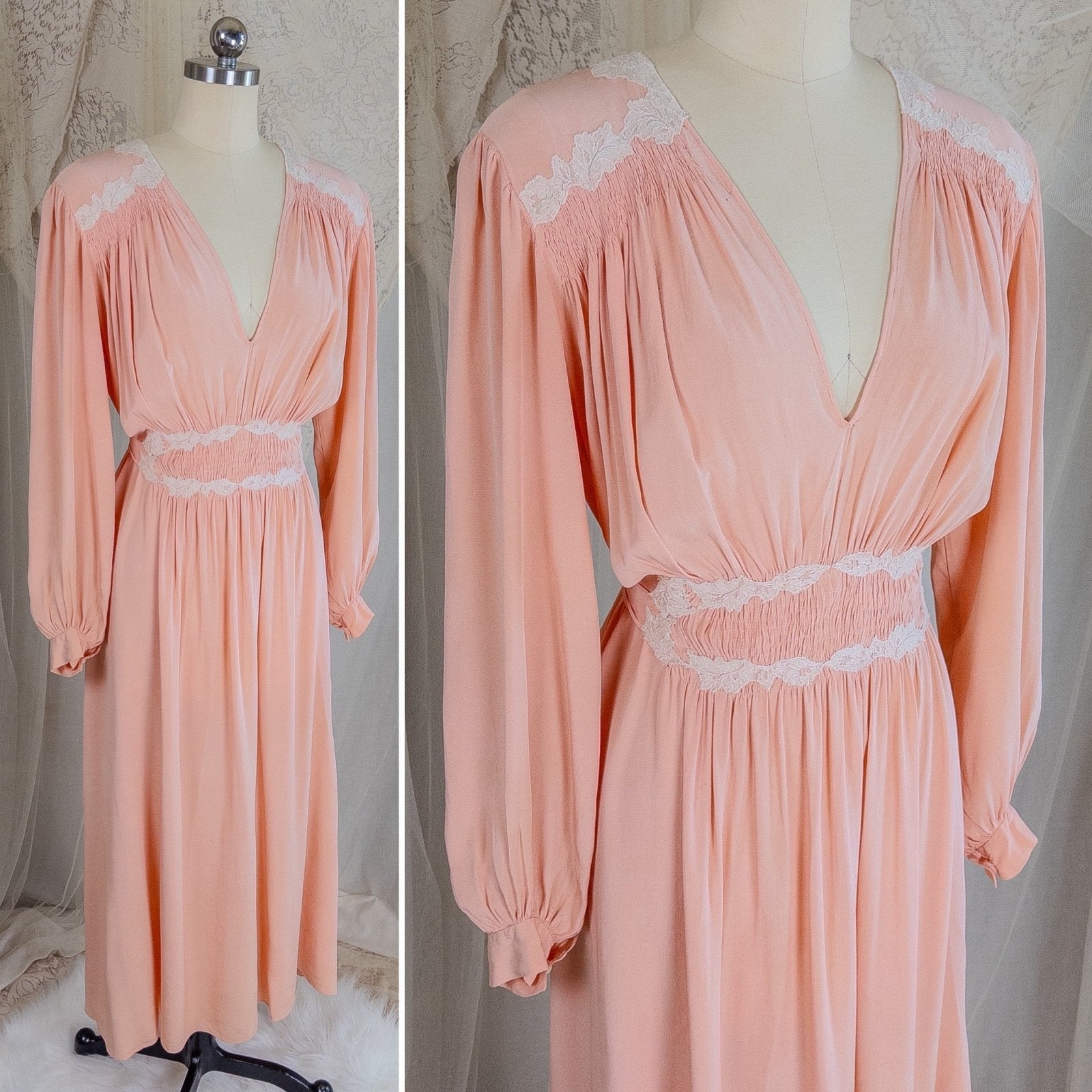 1930's Nightgown - Rich Blush Pink Pebbled Silk Crepe with White Cotton Lace and Hand Finished Seams, Made in France | Free Size - Daggers & Dames