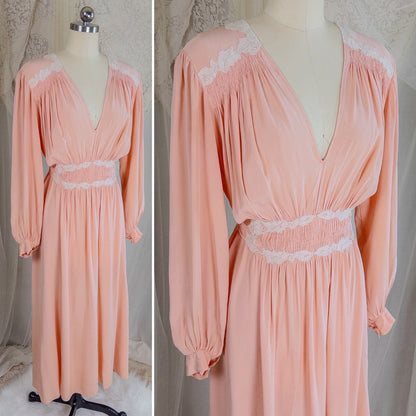 1930's Nightgown - Rich Blush Pink Pebbled Silk Crepe with White Cotton Lace and Hand Finished Seams, Made in France | Free Size - Daggers & Dames