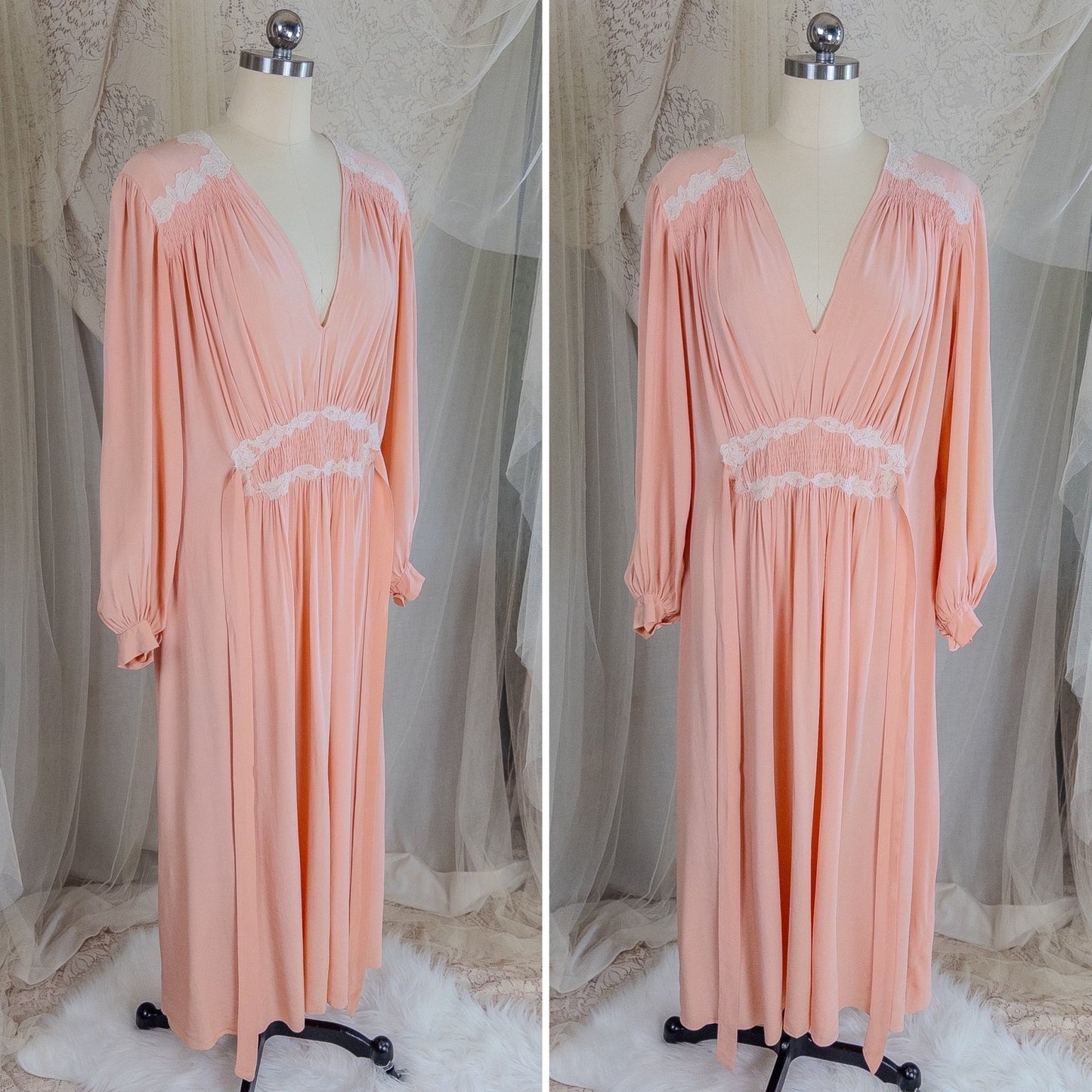 1930's Nightgown - Rich Blush Pink Pebbled Silk Crepe with White Cotton Lace and Hand Finished Seams, Made in France | Free Size - Daggers & Dames
