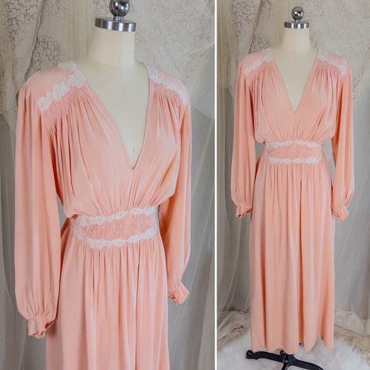 1930's Nightgown - Rich Blush Pink Pebbled Silk Crepe with White Cotton Lace and Hand Finished Seams, Made in France | Free Size - Daggers & Dames