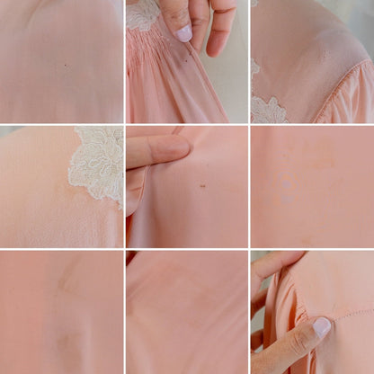 1930's Nightgown - Rich Blush Pink Pebbled Silk Crepe with White Cotton Lace and Hand Finished Seams, Made in France | Free Size - Daggers & Dames