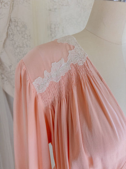 1930's Nightgown - Rich Blush Pink Pebbled Silk Crepe with White Cotton Lace and Hand Finished Seams, Made in France | Free Size - Daggers & Dames