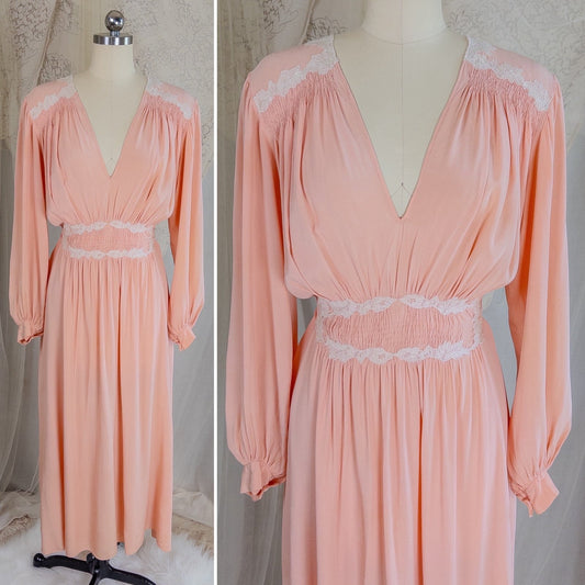 1930's Nightgown - Rich Blush Pink Pebbled Silk Crepe with White Cotton Lace and Hand Finished Seams, Made in France | Free Size - Daggers & Dames