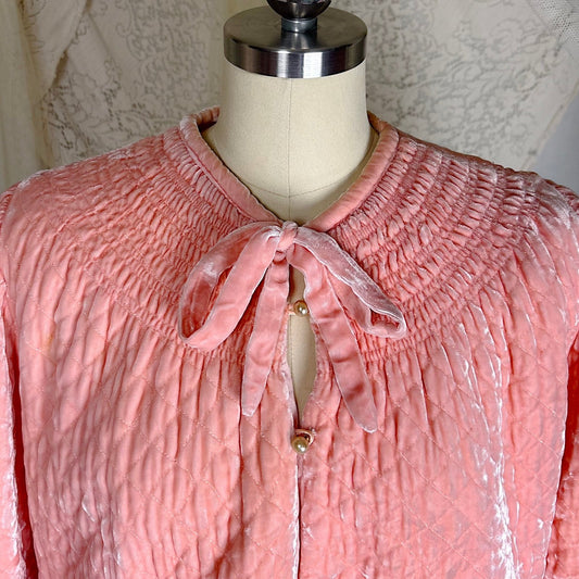 1940's - 1950's Bed Jacket - Quilted Rose Pink Rayon Velvet with Faux Pear Buttons - Daggers & Dames