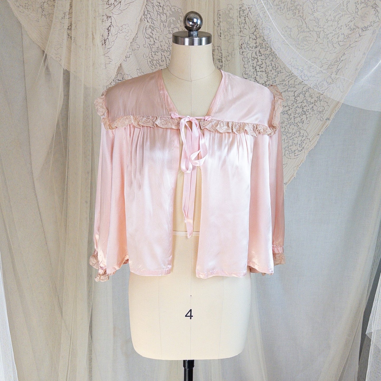 1940's Bed Jacket - Rose Pink Rayon Satin with Ruffled Nude Cotton Lace - Daggers & Dames