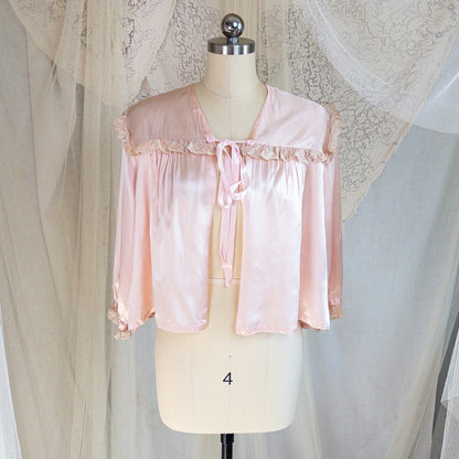 1940's Bed Jacket - Rose Pink Rayon Satin with Ruffled Nude Cotton Lace - Daggers & Dames