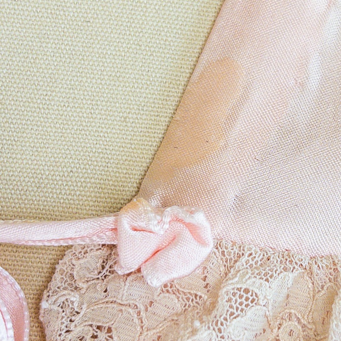 1940's Bed Jacket - Rose Pink Rayon Satin with Ruffled Nude Cotton Lace - Daggers & Dames