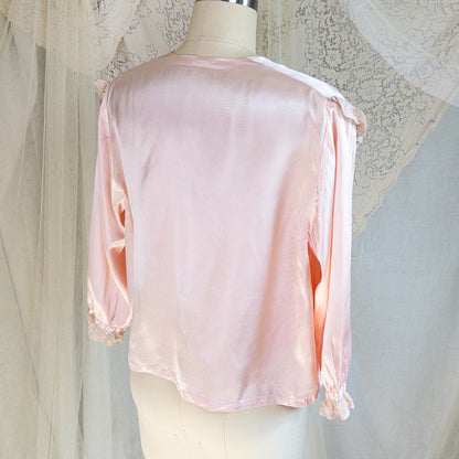 1940's Bed Jacket - Rose Pink Rayon Satin with Ruffled Nude Cotton Lace - Daggers & Dames