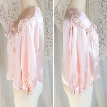 1940's Bed Jacket - Rose Pink Rayon Satin with Ruffled Nude Cotton Lace - Daggers & Dames