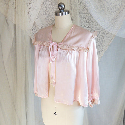 1940's Bed Jacket - Rose Pink Rayon Satin with Ruffled Nude Cotton Lace - Daggers & Dames
