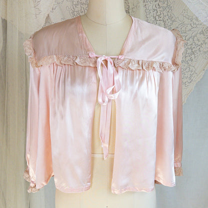 1940's Bed Jacket - Rose Pink Rayon Satin with Ruffled Nude Cotton Lace - Daggers & Dames