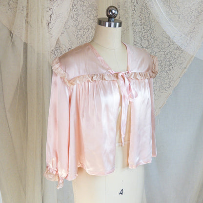 1940's Bed Jacket - Rose Pink Rayon Satin with Ruffled Nude Cotton Lace - Daggers & Dames
