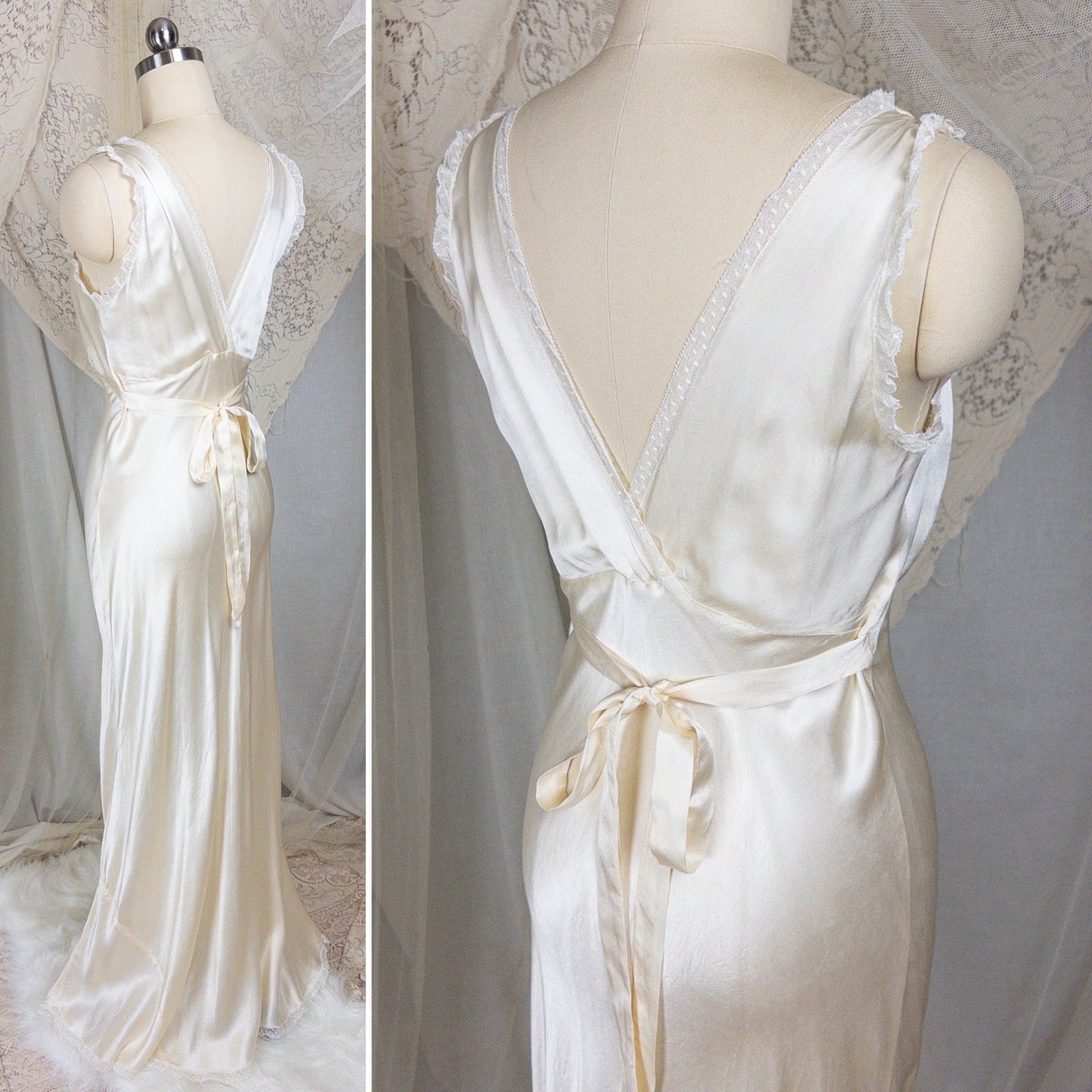 1940s Nightgown - Pearlescent Ivory Silk Satin with Ruffled Bobbin Lace by Laura Lane | XS, Small - Daggers & Dames