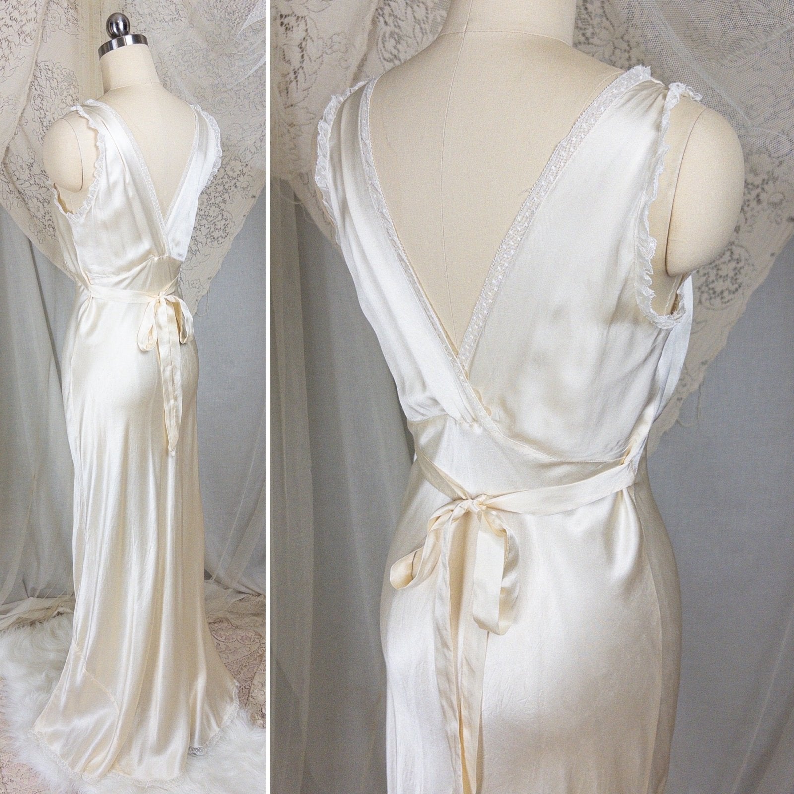 1940s Nightgown - Pearlescent Ivory Silk Satin with Ruffled Bobbin Lace by Laura Lane | XS, Small - Daggers & Dames