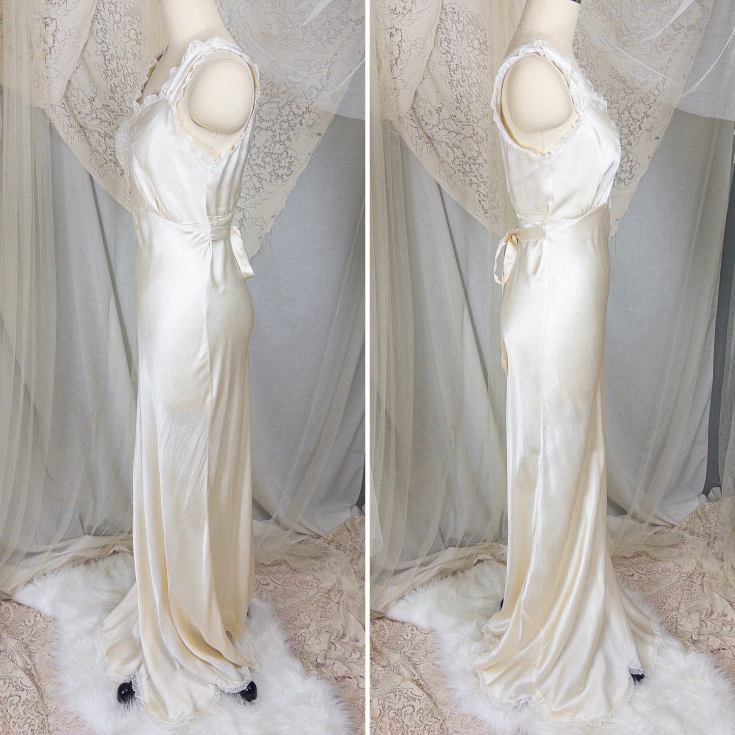 1940s Nightgown - Pearlescent Ivory Silk Satin with Ruffled Bobbin Lace by Laura Lane | XS, Small - Daggers & Dames