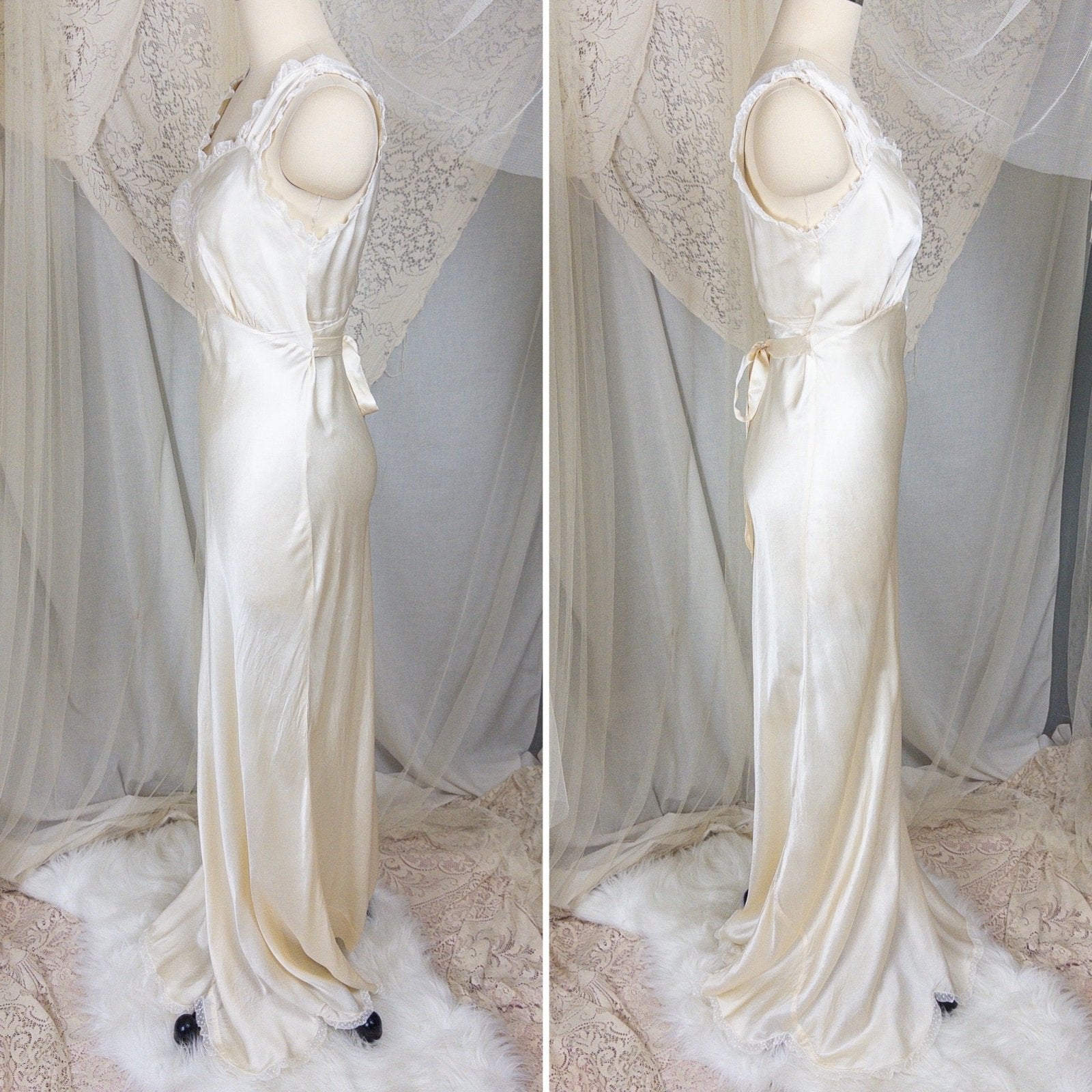 1940s Nightgown - Pearlescent Ivory Silk Satin with Ruffled Bobbin Lace by Laura Lane | XS, Small - Daggers & Dames