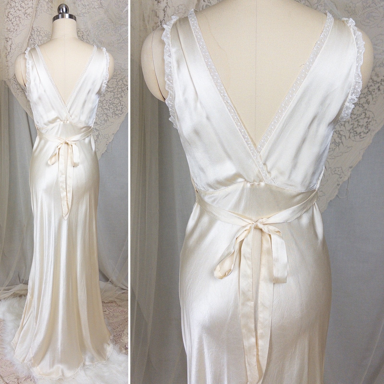 1940s Nightgown - Pearlescent Ivory Silk Satin with Ruffled Bobbin Lace by Laura Lane | XS, Small - Daggers & Dames