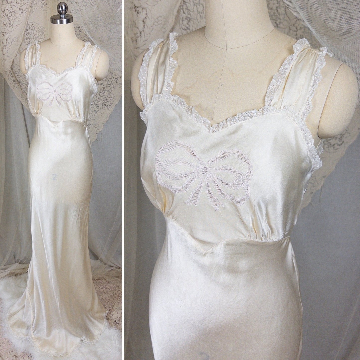 1940s Nightgown - Pearlescent Ivory Silk Satin with Ruffled Bobbin Lace by Laura Lane | XS, Small - Daggers & Dames
