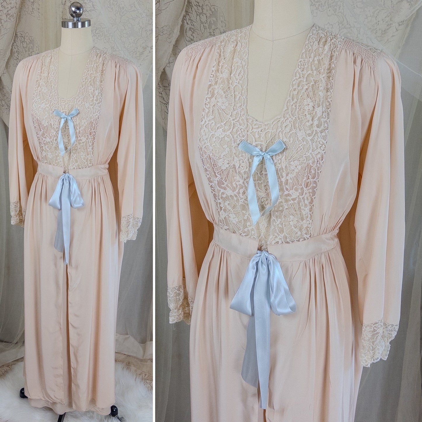 1940's Nightgown & Peignoir Set - Warm Nude Rayon with Ivory Fan Patterned Lace by DuBenay - Daggers & Dames