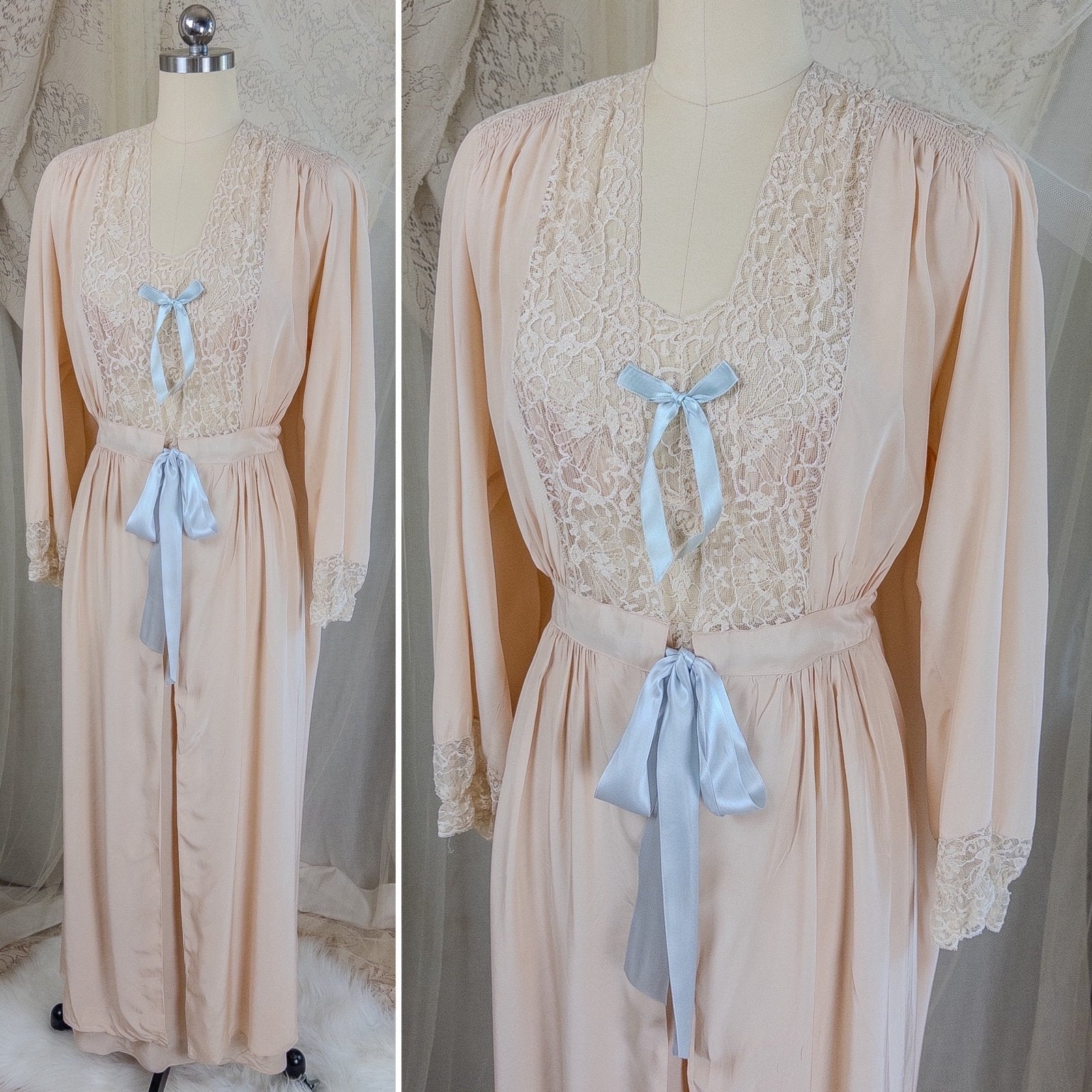 1940's Nightgown & Peignoir Set - Warm Nude Rayon with Ivory Fan Patterned Lace by DuBenay - Daggers & Dames