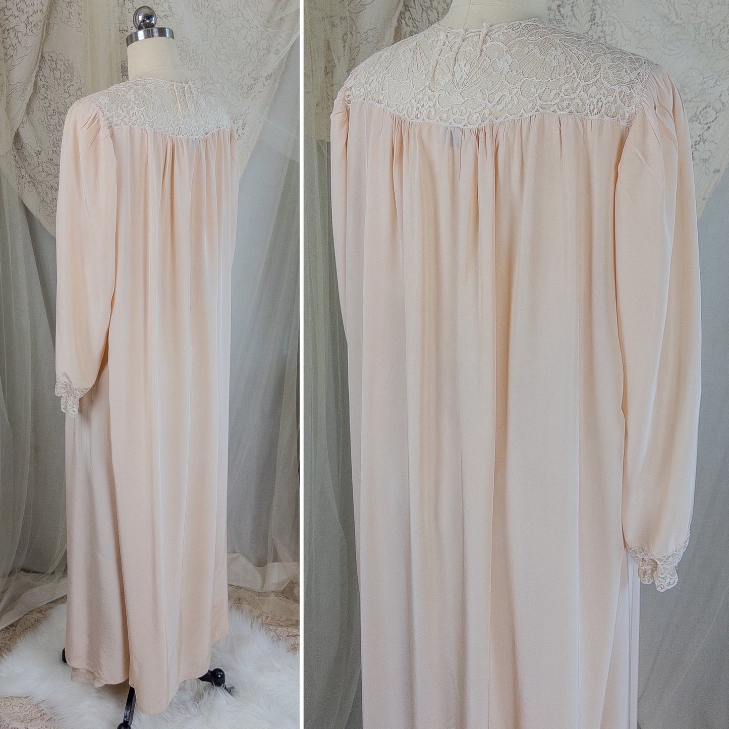 1940's Nightgown & Peignoir Set - Warm Nude Rayon with Ivory Fan Patterned Lace by DuBenay - Daggers & Dames
