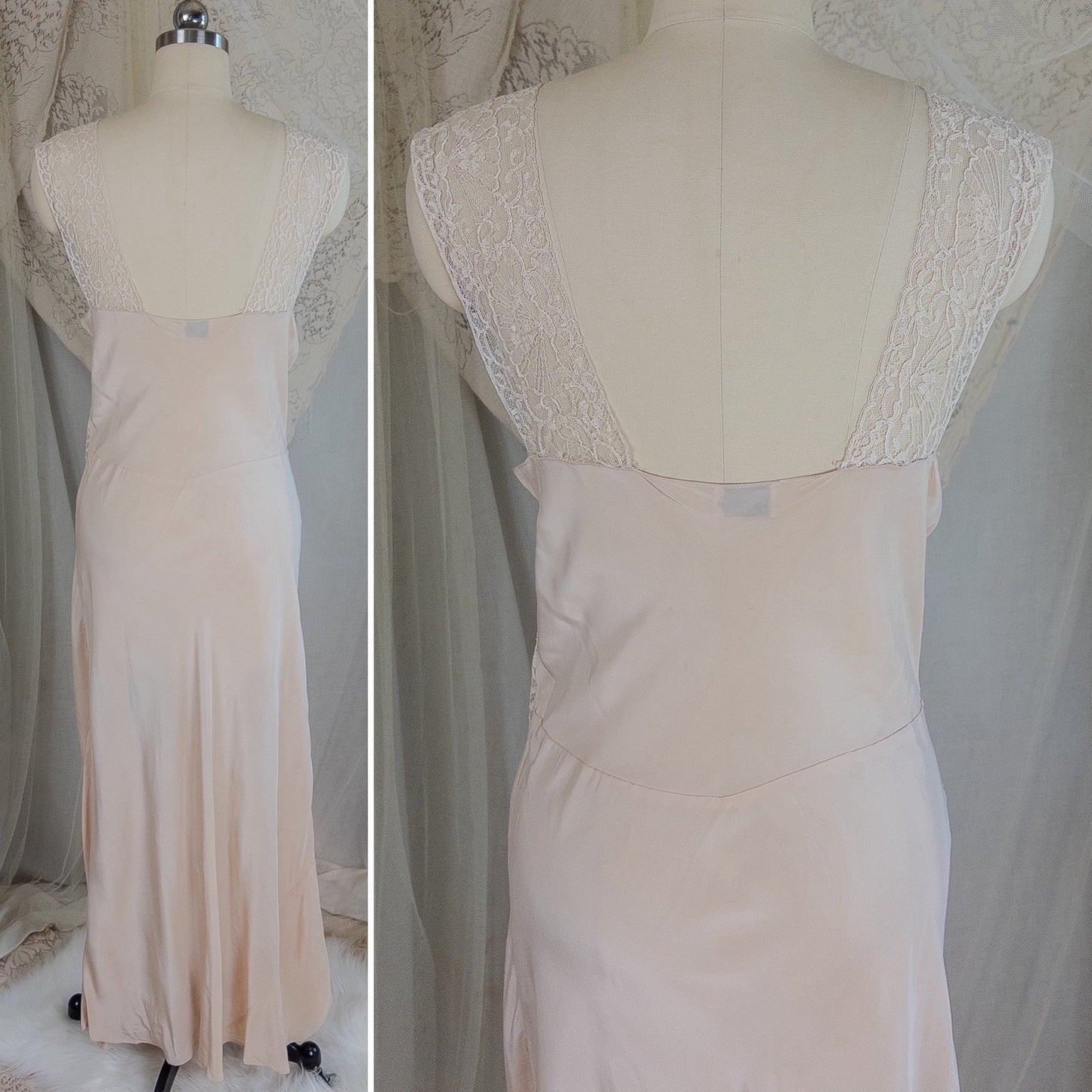 1940's Nightgown & Peignoir Set - Warm Nude Rayon with Ivory Fan Patterned Lace by DuBenay - Daggers & Dames