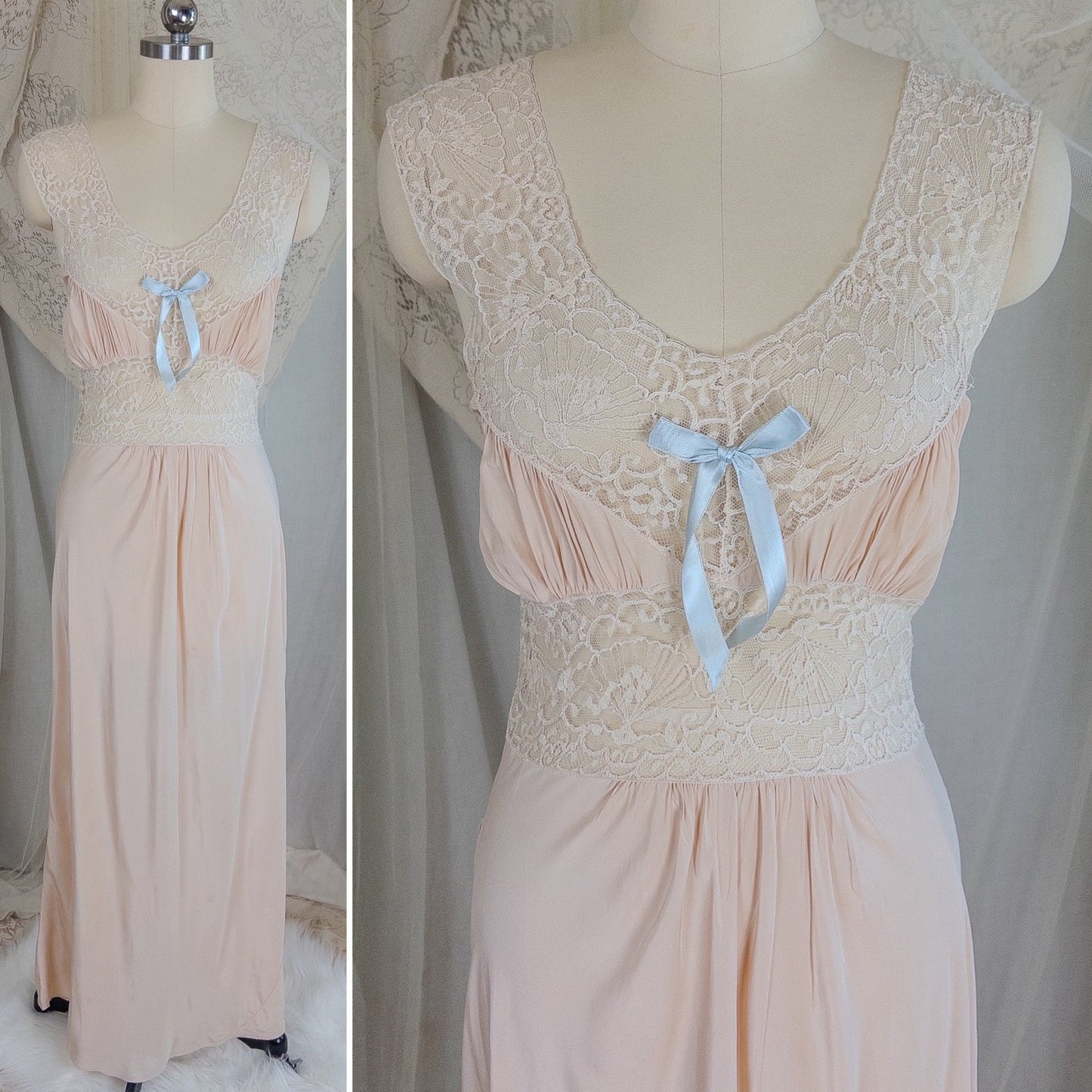 1940's Nightgown & Peignoir Set - Warm Nude Rayon with Ivory Fan Patterned Lace by DuBenay - Daggers & Dames