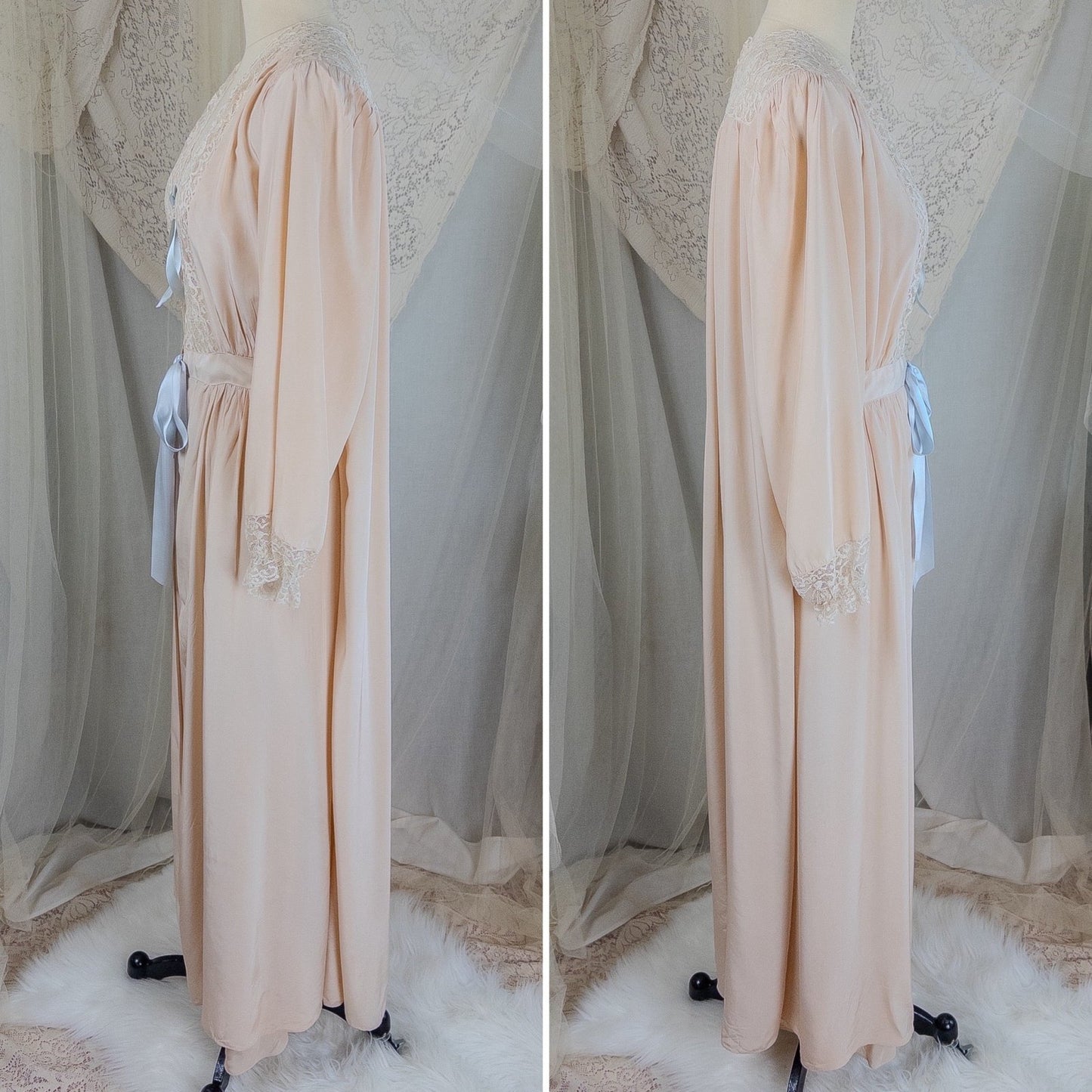1940's Nightgown & Peignoir Set - Warm Nude Rayon with Ivory Fan Patterned Lace by DuBenay - Daggers & Dames