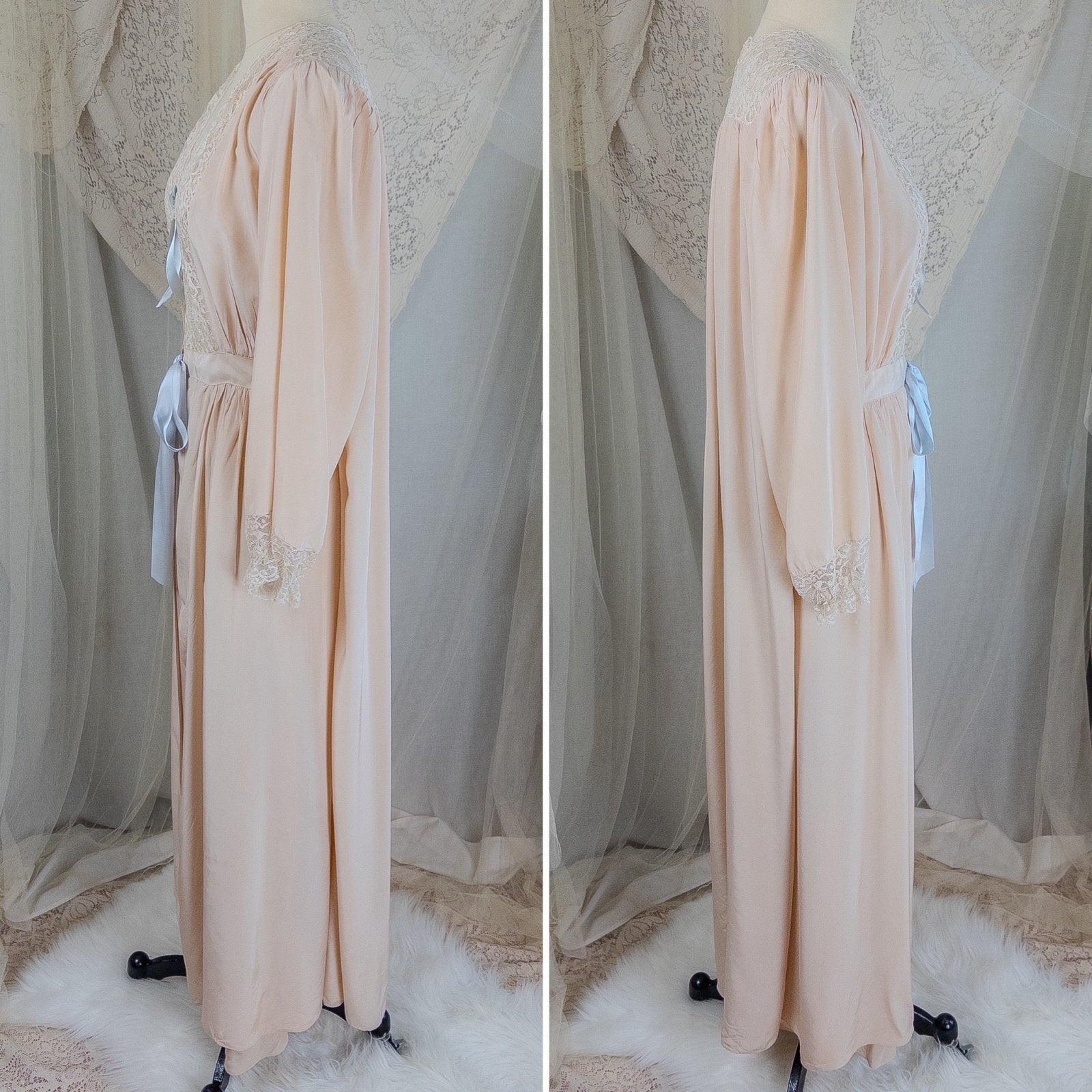 1940's Nightgown & Peignoir Set - Warm Nude Rayon with Ivory Fan Patterned Lace by DuBenay - Daggers & Dames