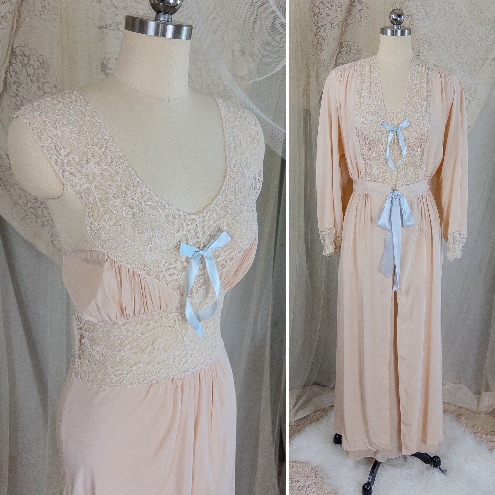 1940's Nightgown & Peignoir Set - Warm Nude Rayon with Ivory Fan Patterned Lace by DuBenay - Daggers & Dames