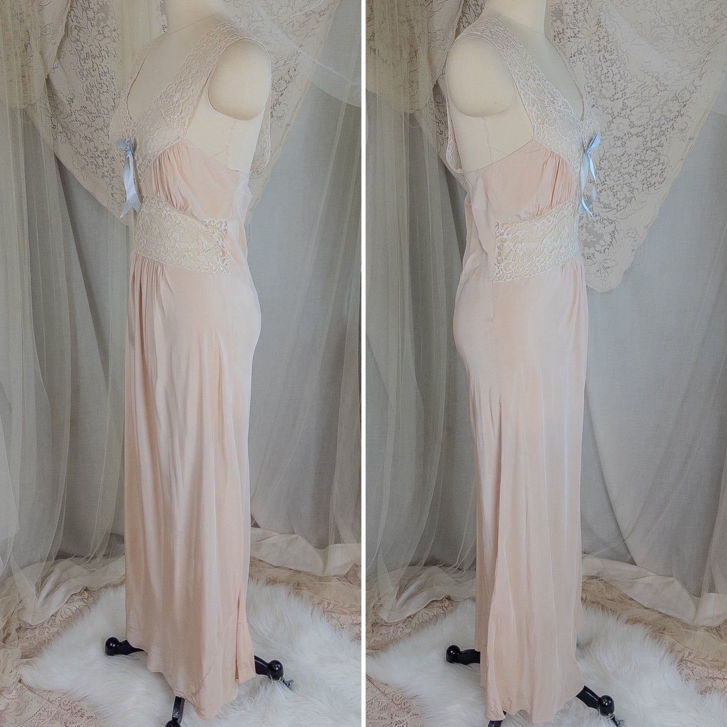 1940's Nightgown & Peignoir Set - Warm Nude Rayon with Ivory Fan Patterned Lace by DuBenay - Daggers & Dames