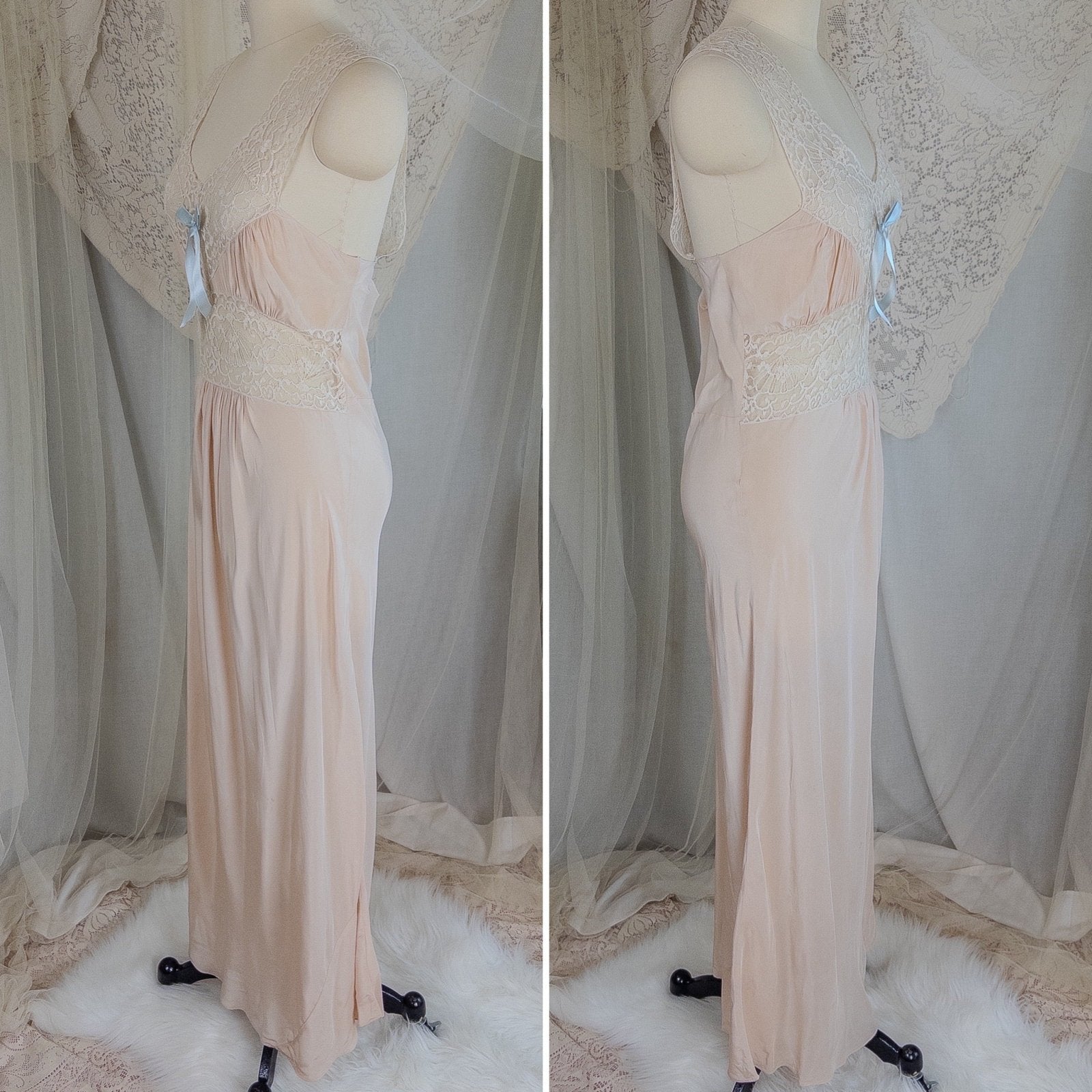 1940's Nightgown & Peignoir Set - Warm Nude Rayon with Ivory Fan Patterned Lace by DuBenay - Daggers & Dames