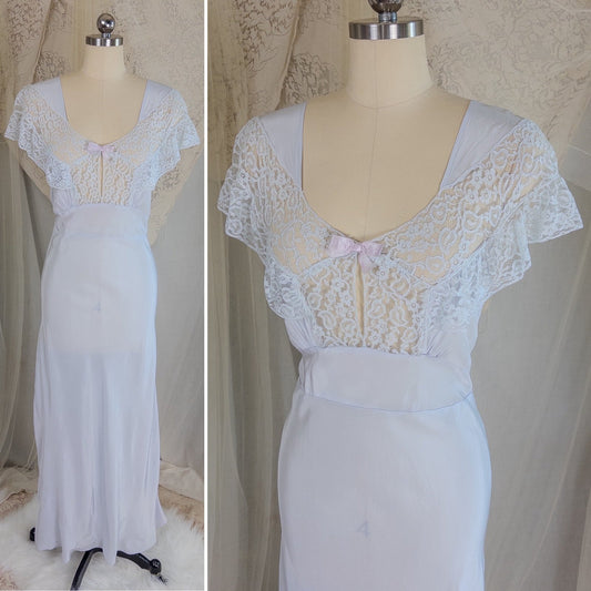 1940's Nightgown - Periwinkle Blue Rayon with Floral Lace & Keyhole Neckline by Lady Edso | Small, Medium - Daggers & Dames