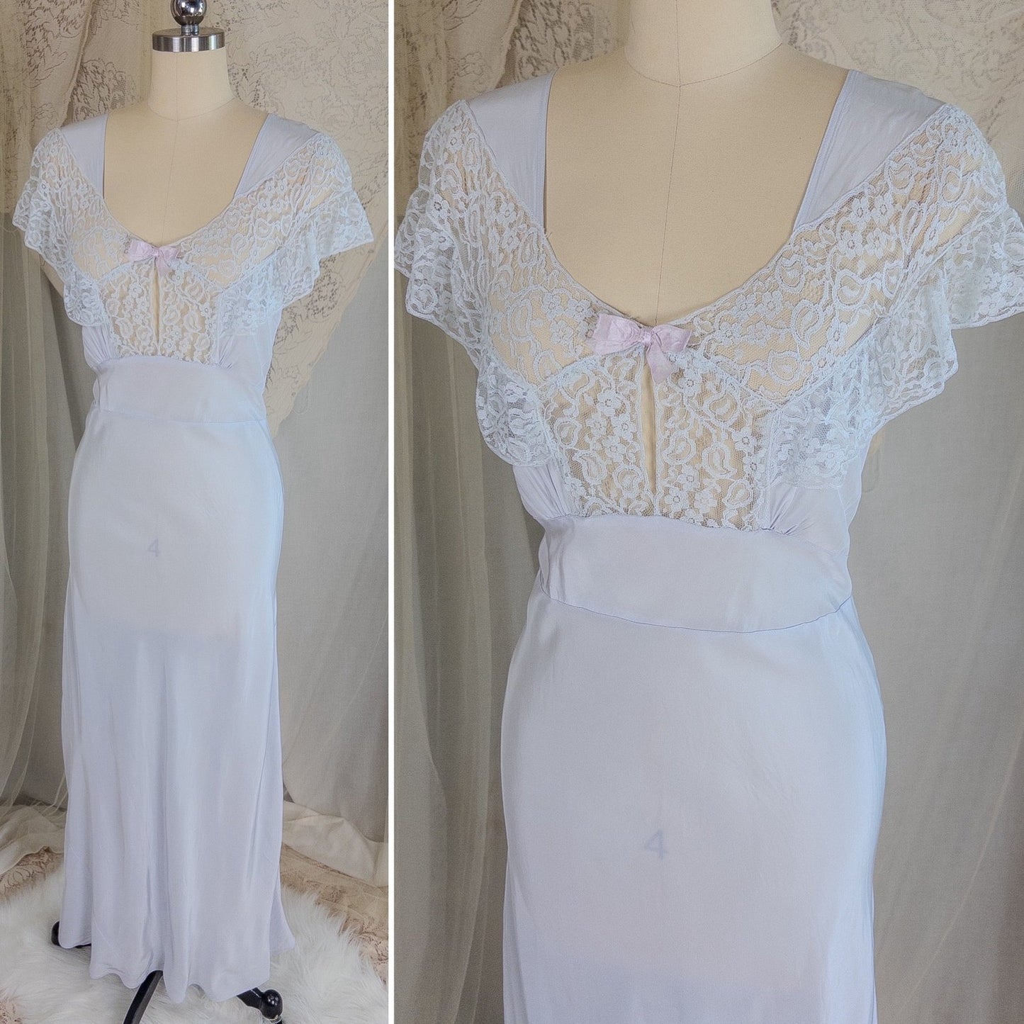 1940's Nightgown - Periwinkle Blue Rayon with Floral Lace & Keyhole Neckline by Lady Edso | Small, Medium - Daggers & Dames