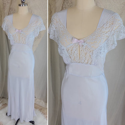 1940's Nightgown - Periwinkle Blue Rayon with Floral Lace & Keyhole Neckline by Lady Edso | Small, Medium - Daggers & Dames