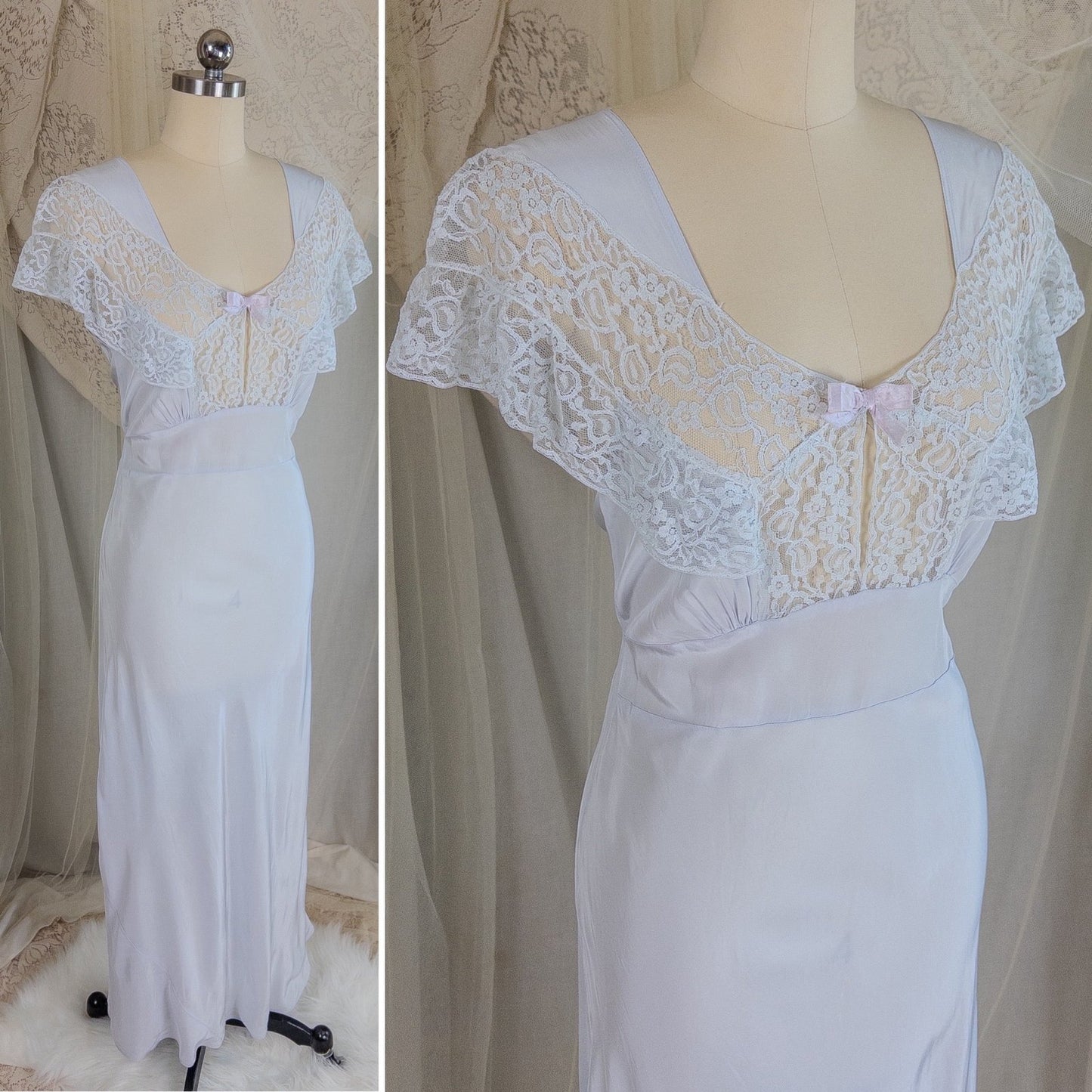 1940's Nightgown - Periwinkle Blue Rayon with Floral Lace & Keyhole Neckline by Lady Edso | Small, Medium - Daggers & Dames