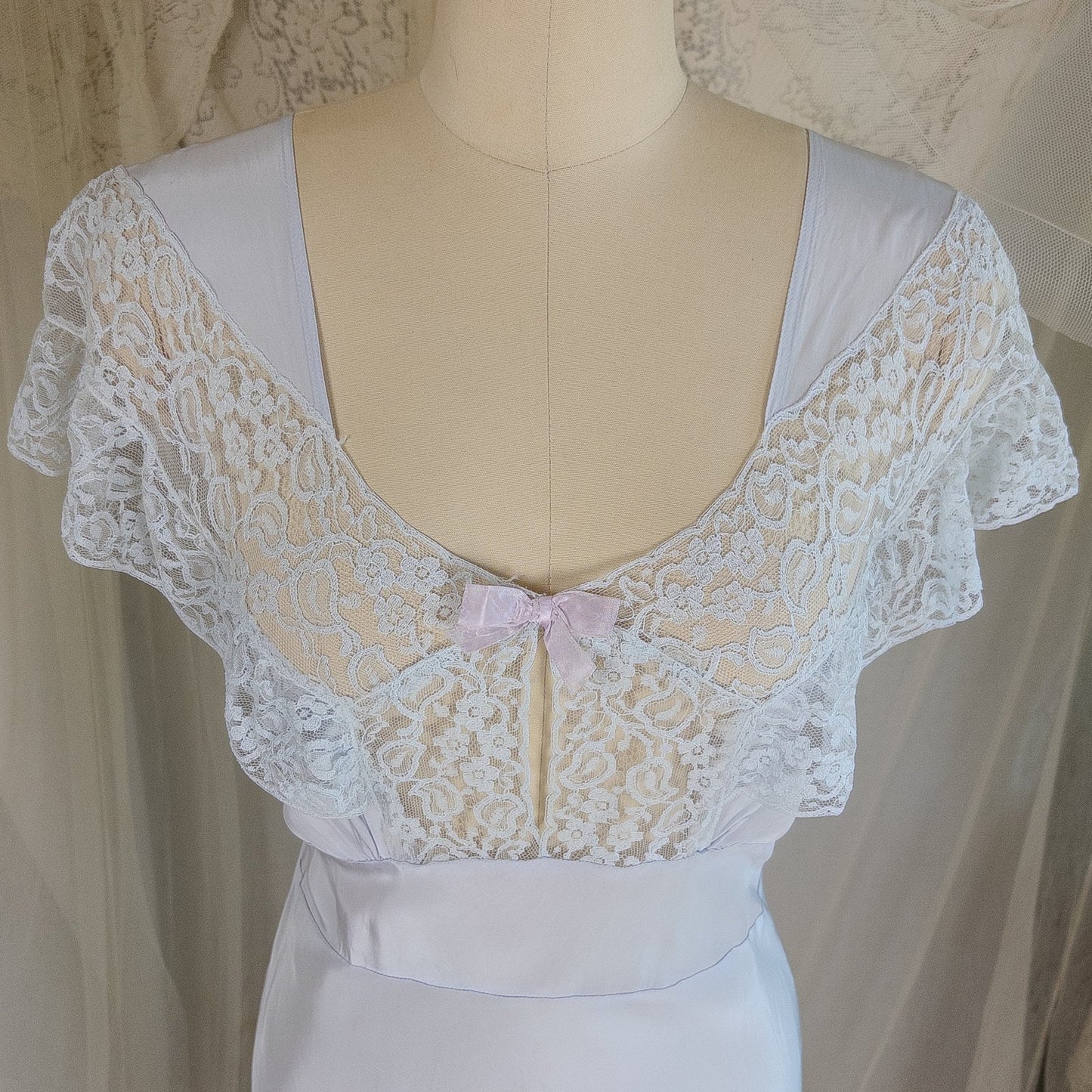 1940's Nightgown - Periwinkle Blue Rayon with Floral Lace & Keyhole Neckline by Lady Edso | Small, Medium - Daggers & Dames