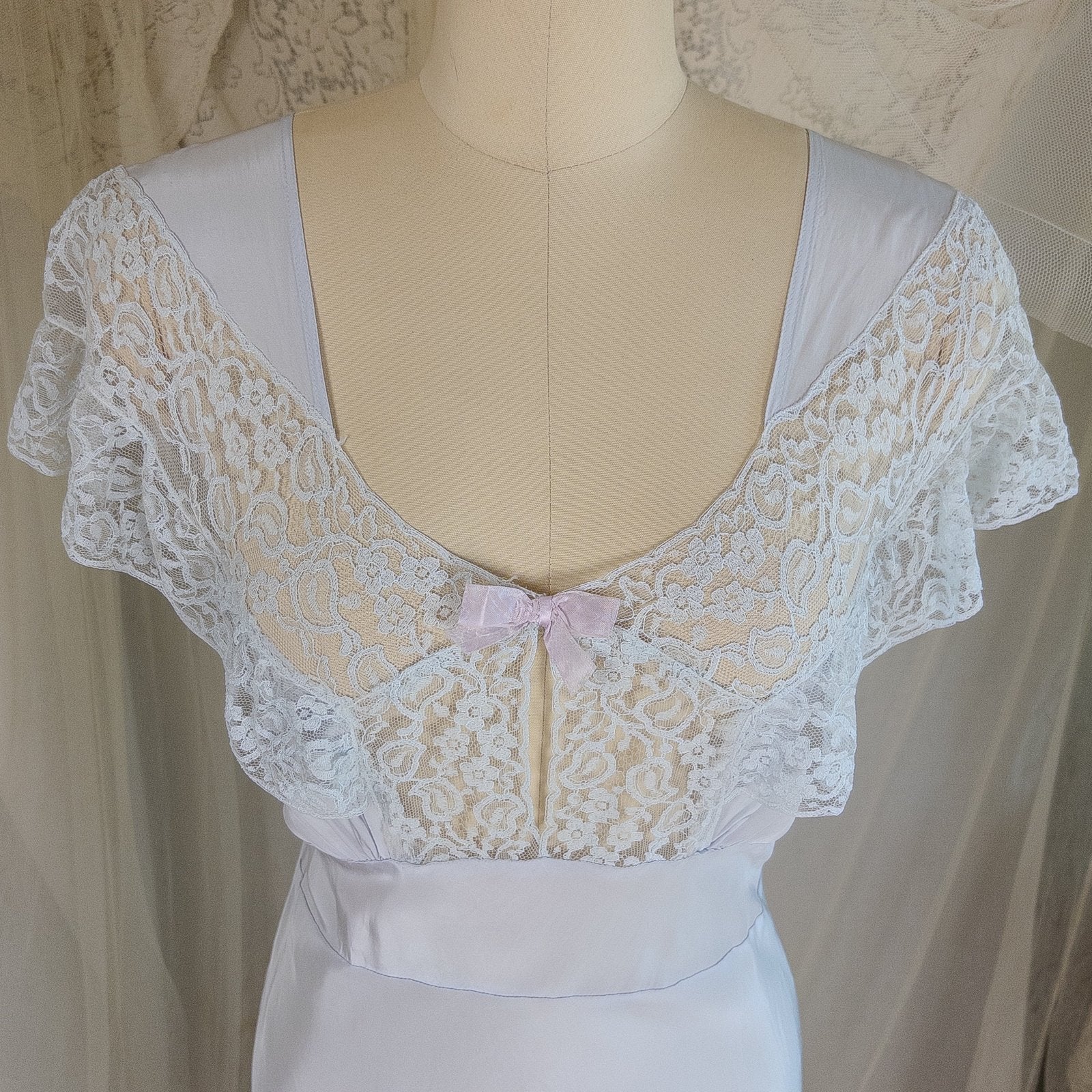 1940's Nightgown - Periwinkle Blue Rayon with Floral Lace & Keyhole Neckline by Lady Edso | Small, Medium - Daggers & Dames
