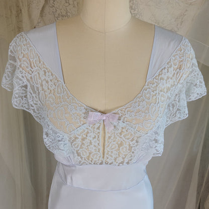 1940's Nightgown - Periwinkle Blue Rayon with Floral Lace & Keyhole Neckline by Lady Edso | Small, Medium - Daggers & Dames